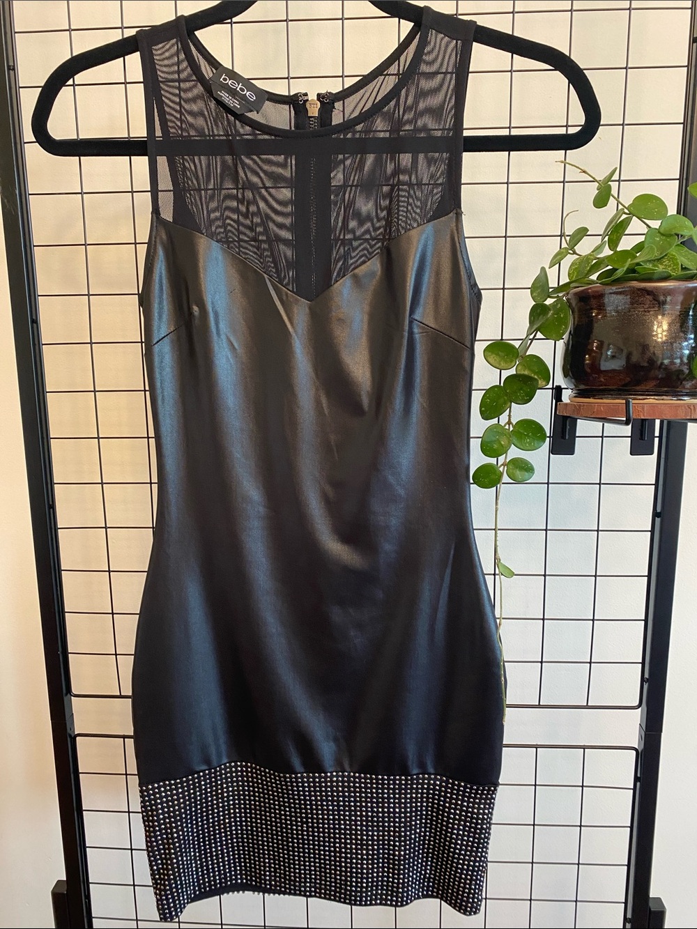 bebe Y2K Black Faux Leather Mini Dress with Mesh Yoke and Studded Hem XXS